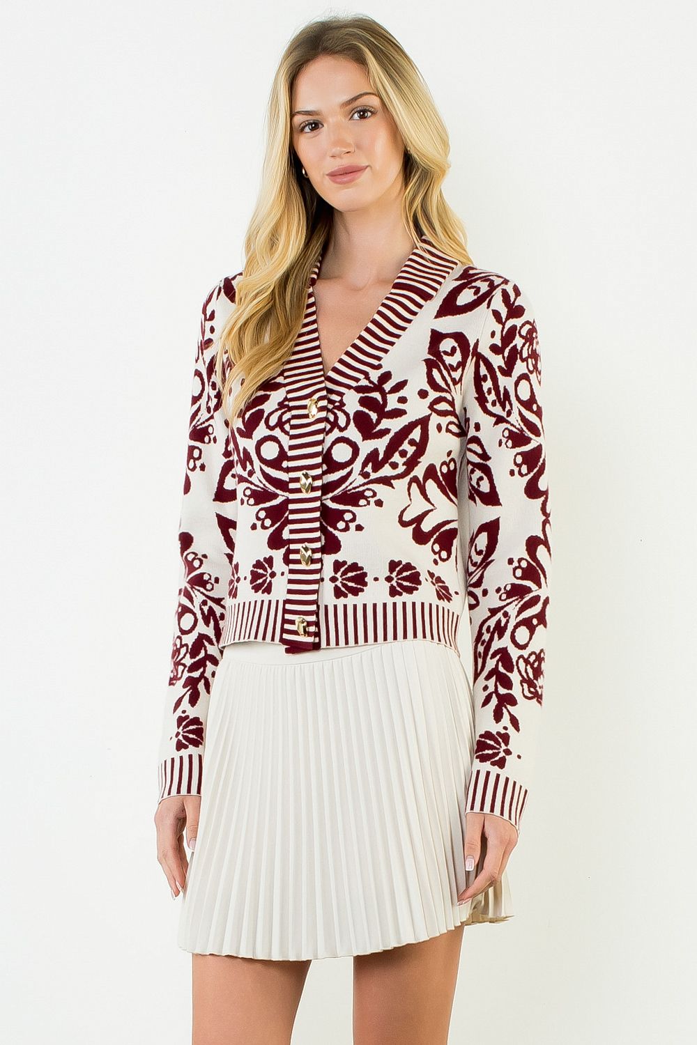 Floral V-Neck Cardigan with Gold Buttons - Burgundy