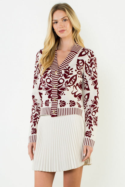 Floral V-Neck Cardigan with Gold Buttons - Burgundy