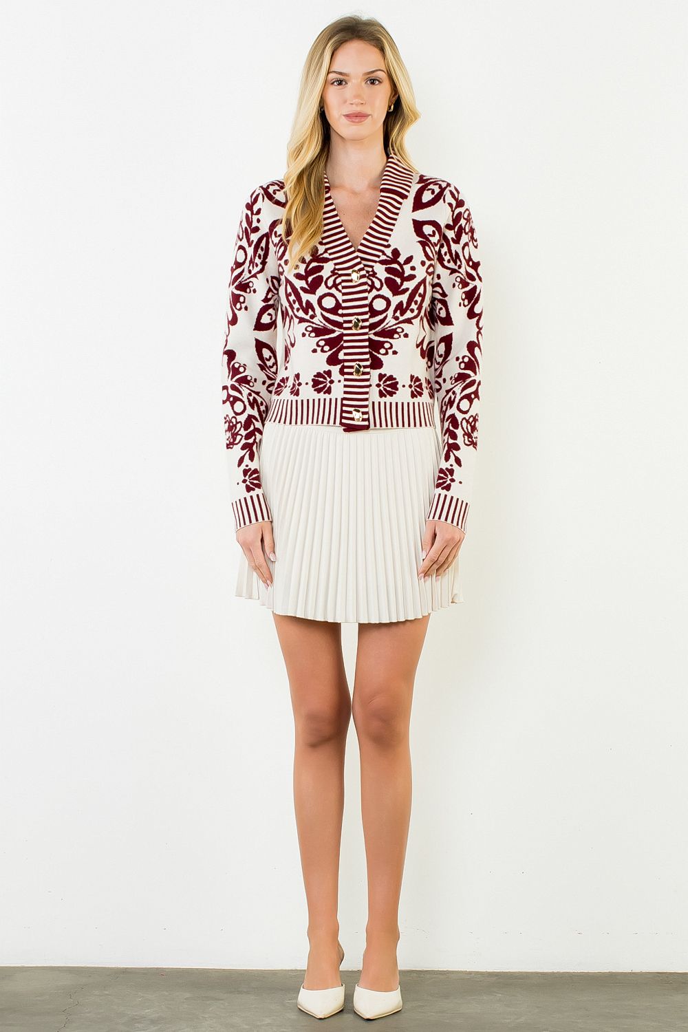 Floral V-Neck Cardigan with Gold Buttons - Burgundy