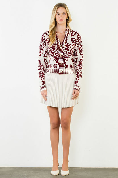 Floral V-Neck Cardigan with Gold Buttons - Burgundy