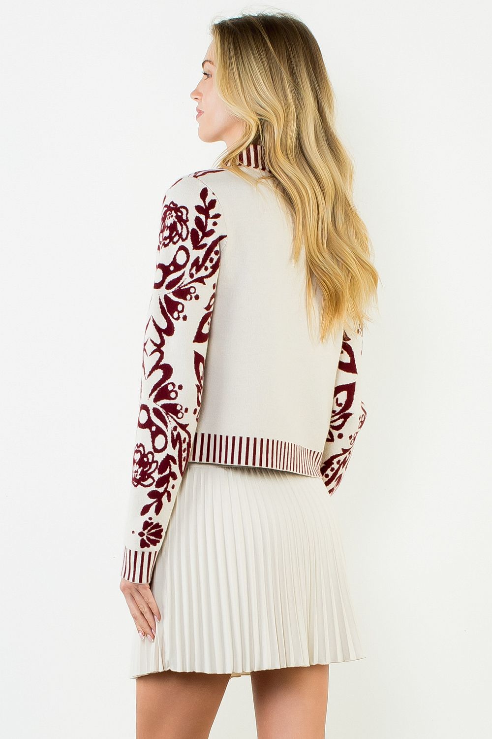 Floral V-Neck Cardigan with Gold Buttons - Burgundy