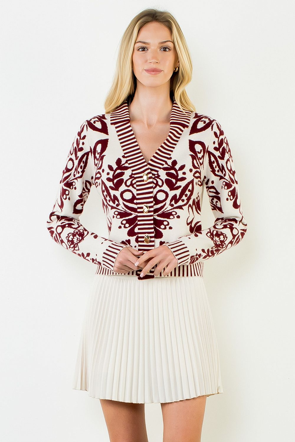 Floral V-Neck Cardigan with Gold Buttons - Burgundy
