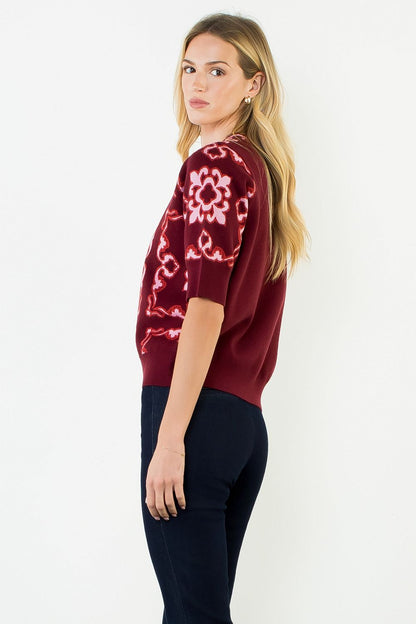 Short Sleeve Pattern Sweater Top - Burgundy