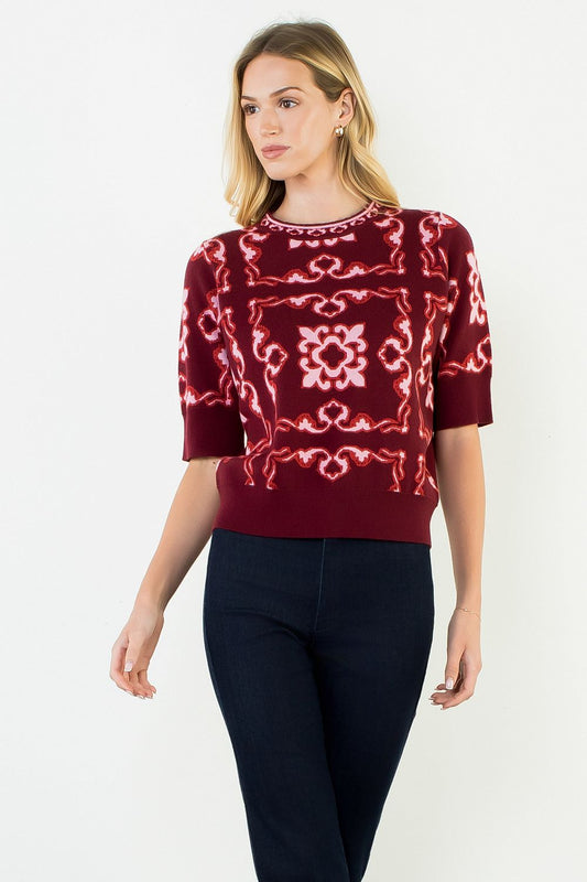 Short Sleeve Pattern Sweater Top - Burgundy
