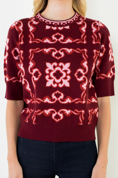 Short Sleeve Pattern Sweater Top - Burgundy