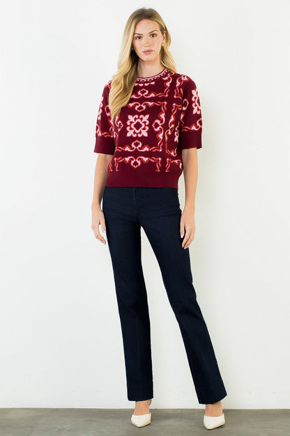 Short Sleeve Pattern Sweater Top - Burgundy