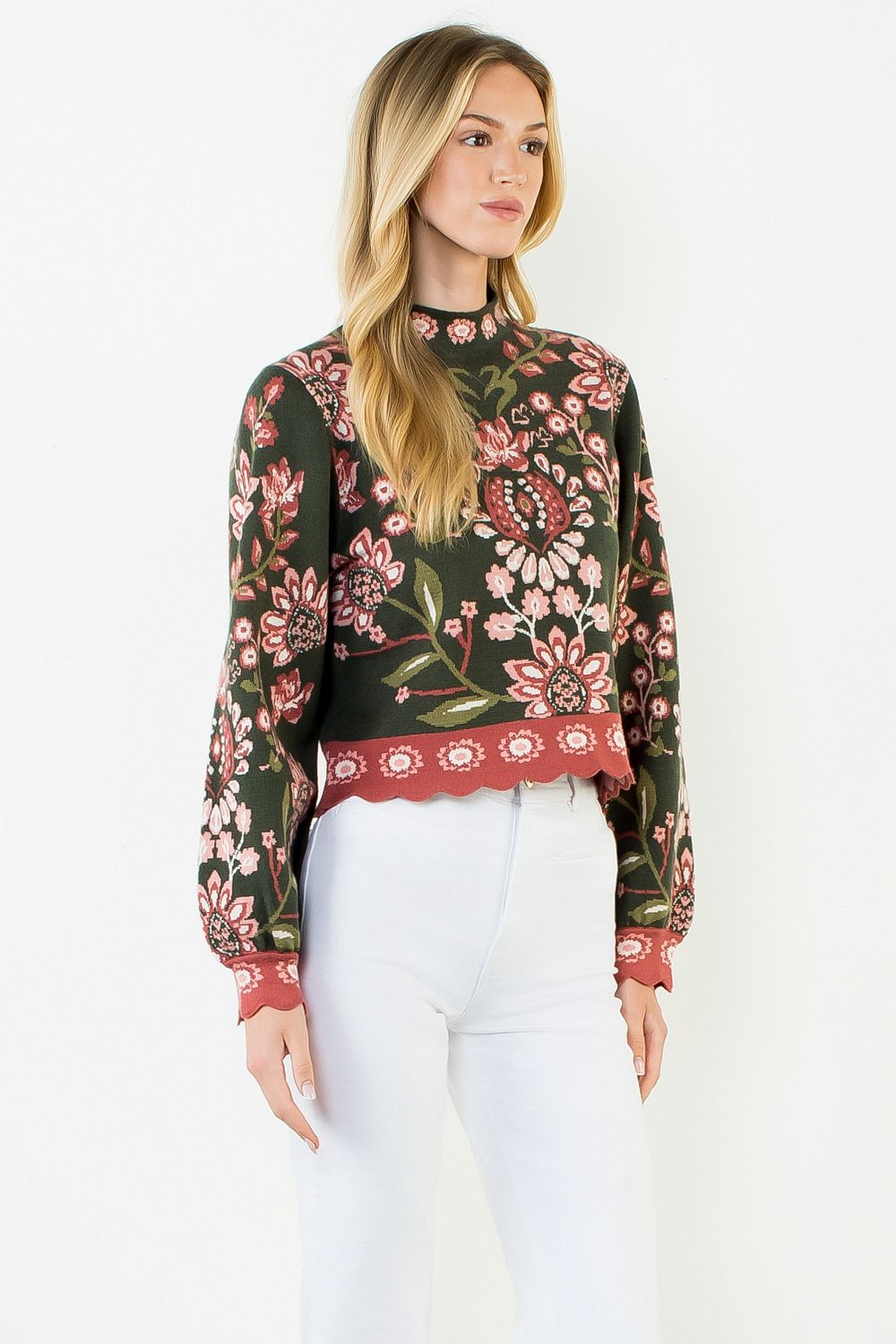 High Neck Long Sleeve Floral Sweater - Olive