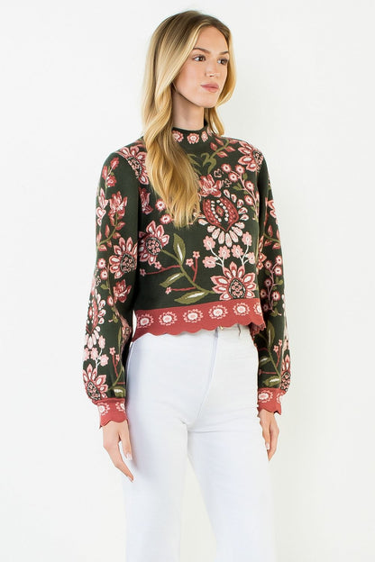 High Neck Long Sleeve Floral Sweater - Olive