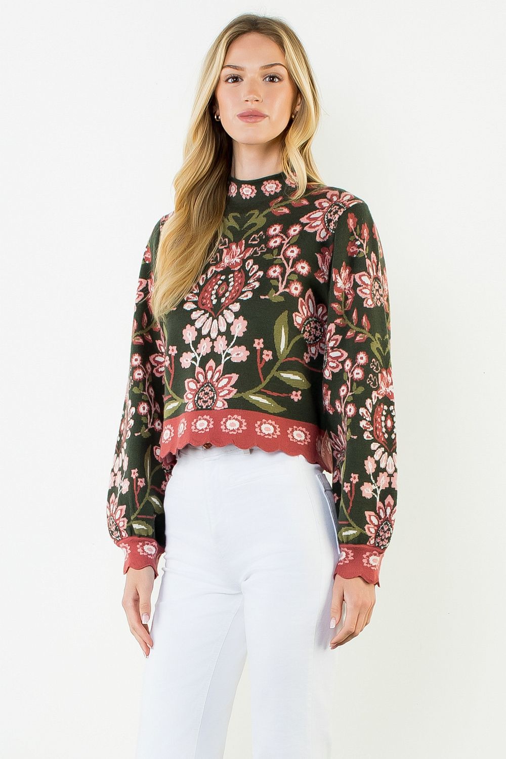 High Neck Long Sleeve Floral Sweater - Olive