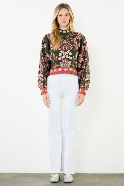 High Neck Long Sleeve Floral Sweater - Olive