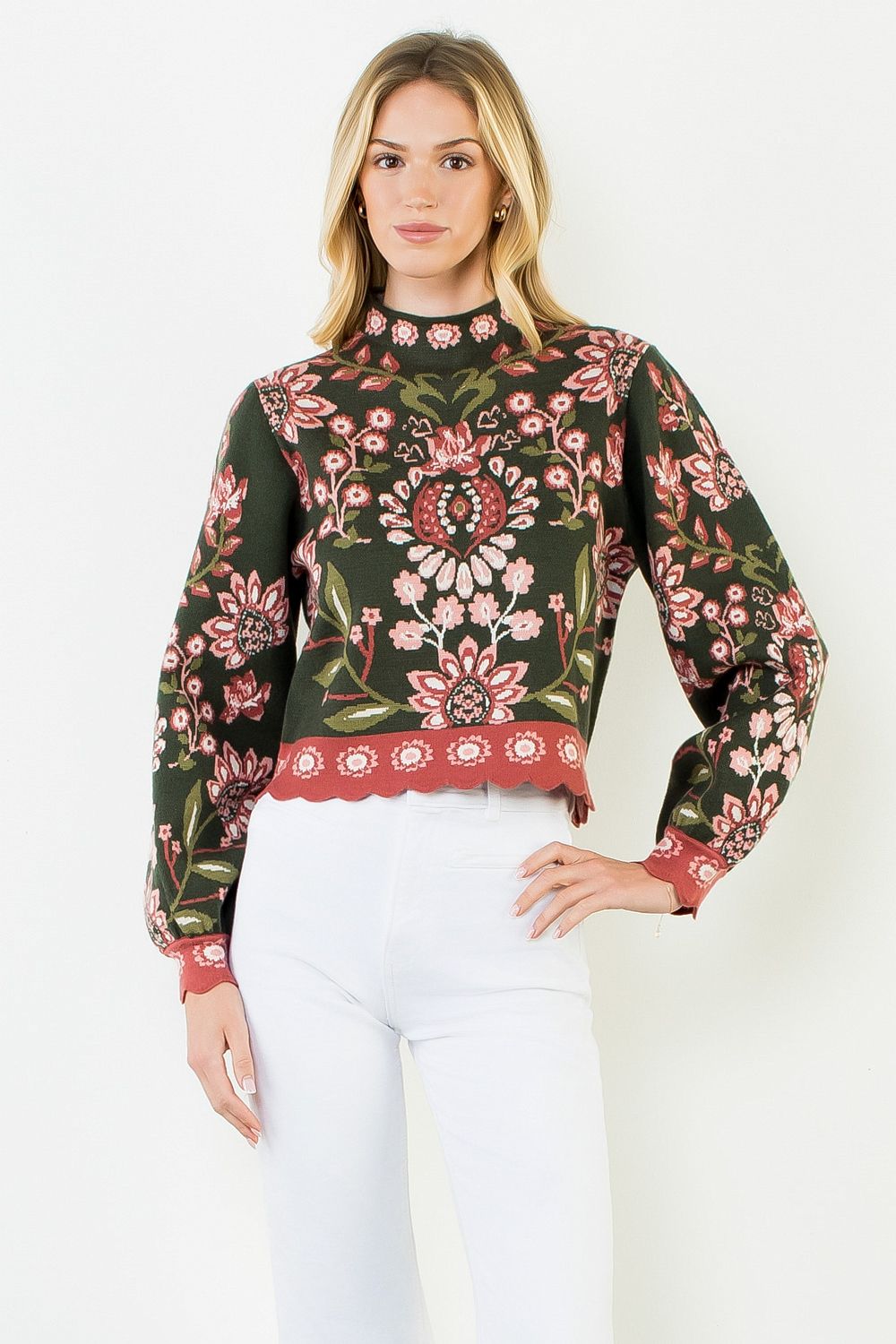 High Neck Long Sleeve Floral Sweater - Olive