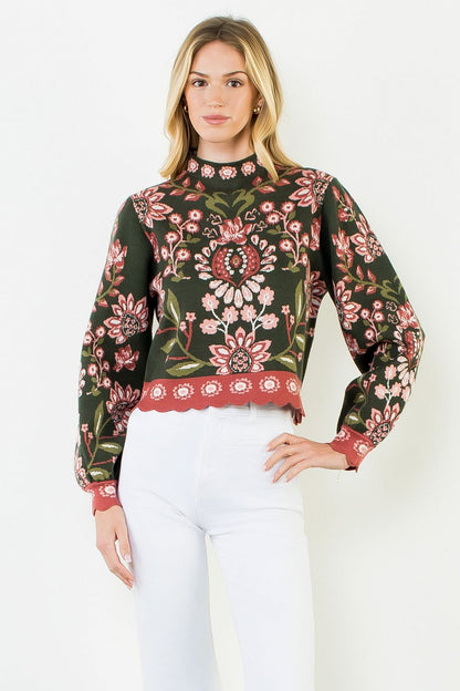 High Neck Long Sleeve Floral Sweater - Olive