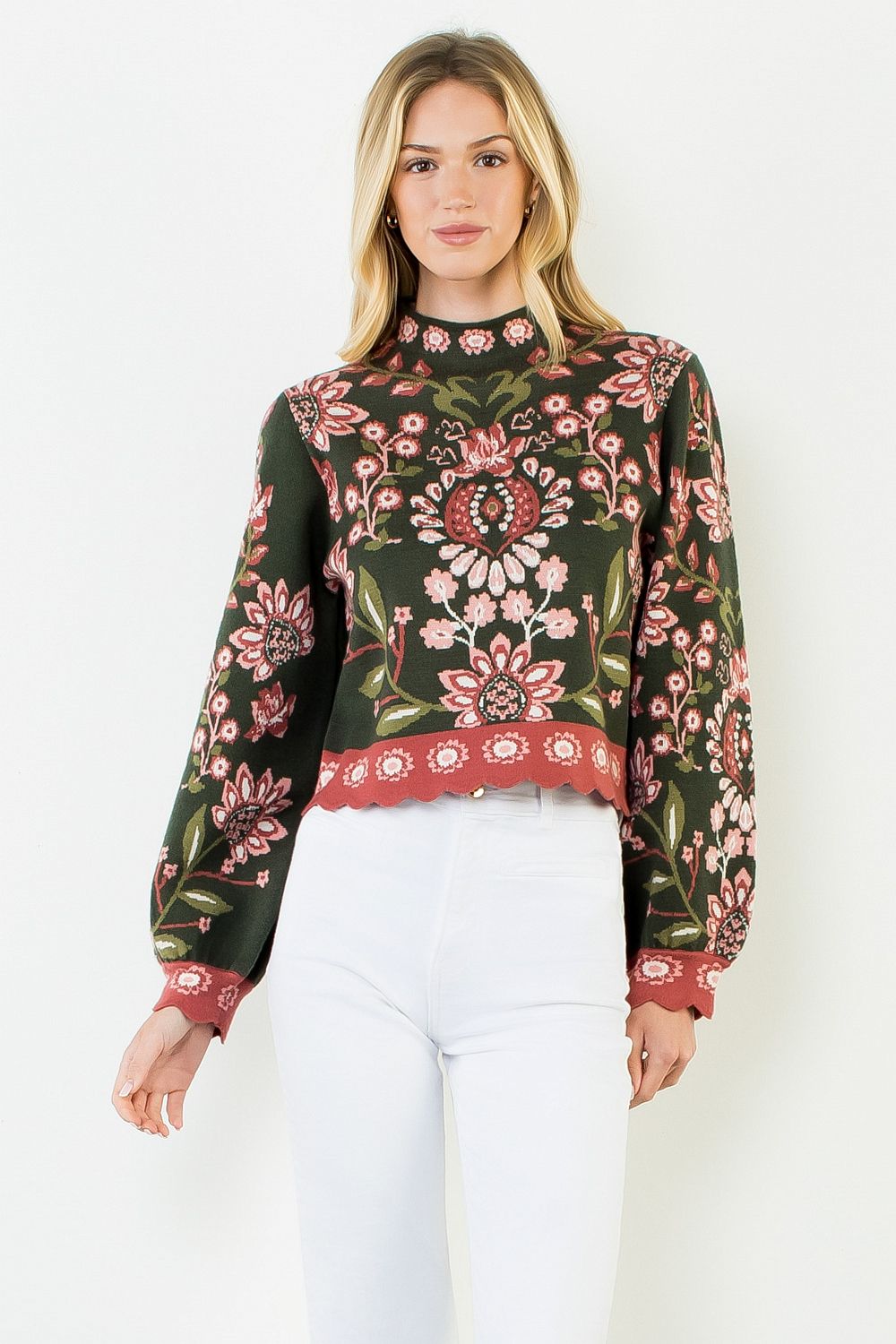 High Neck Long Sleeve Floral Sweater - Olive