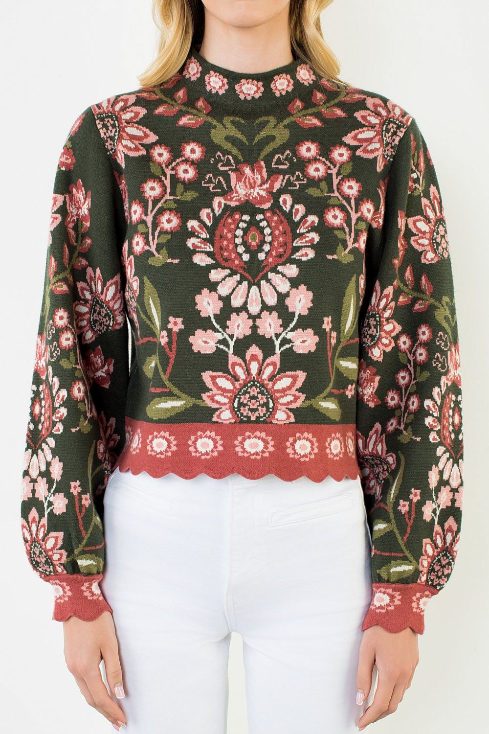 High Neck Long Sleeve Floral Sweater - Olive