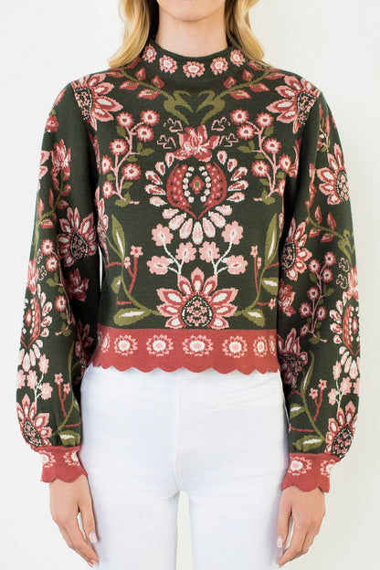 High Neck Long Sleeve Floral Sweater - Olive