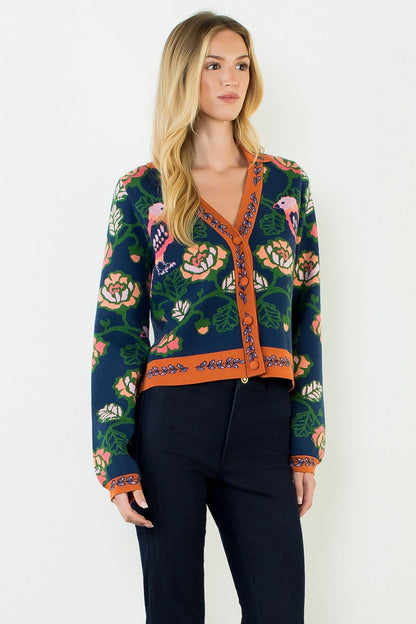 Parrot Long Sleeve Cardigan Sweater - Navy