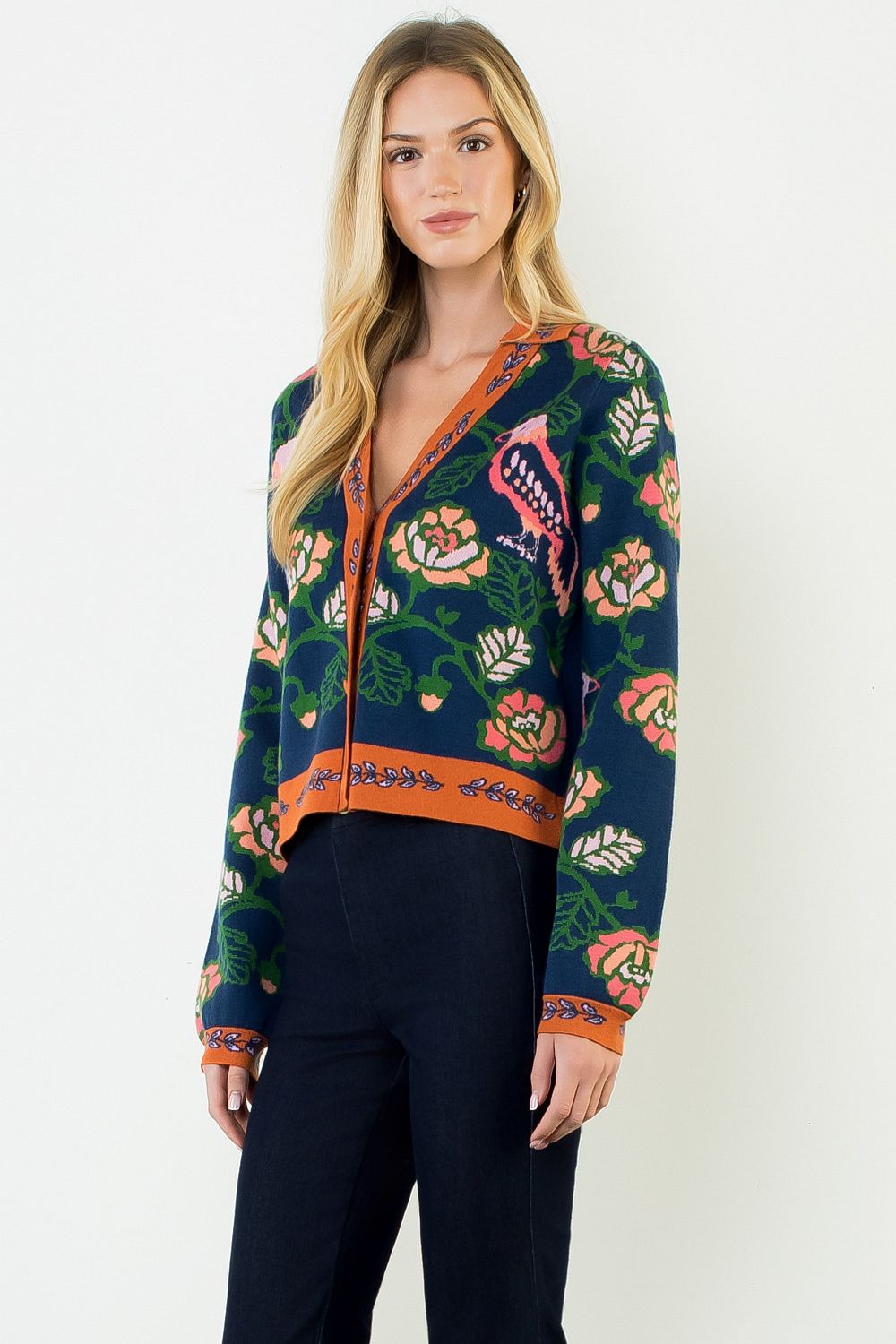 Parrot Long Sleeve Cardigan Sweater - Navy