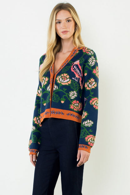 Parrot Long Sleeve Cardigan Sweater - Navy
