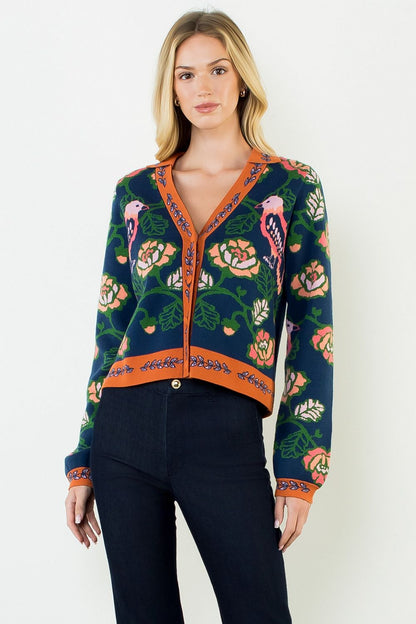 Parrot Long Sleeve Cardigan Sweater - Navy