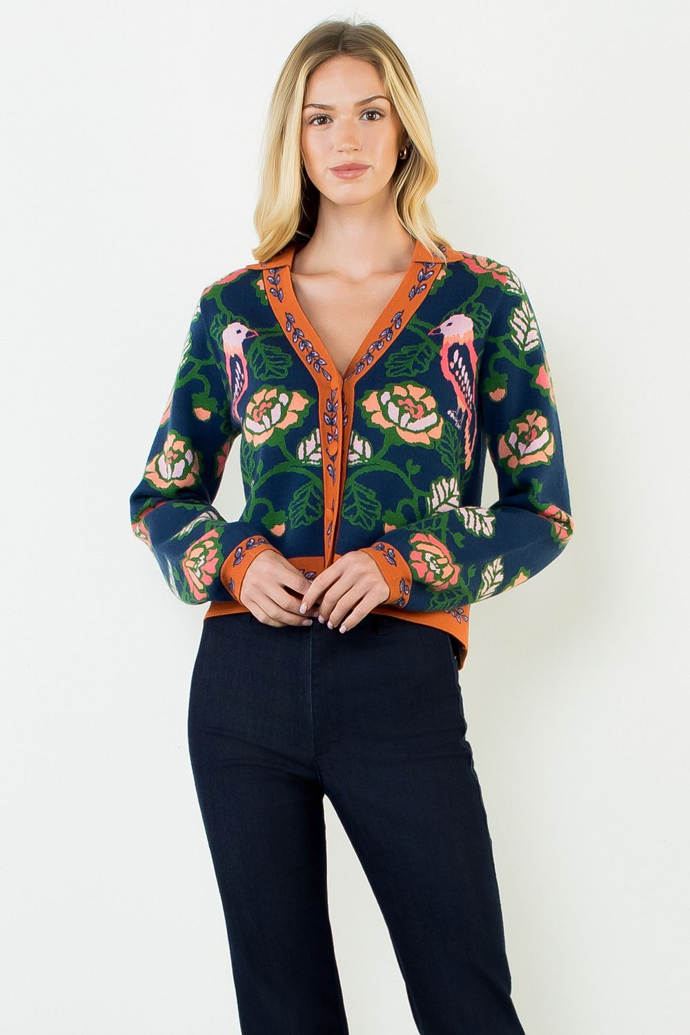 Parrot Long Sleeve Cardigan Sweater - Navy