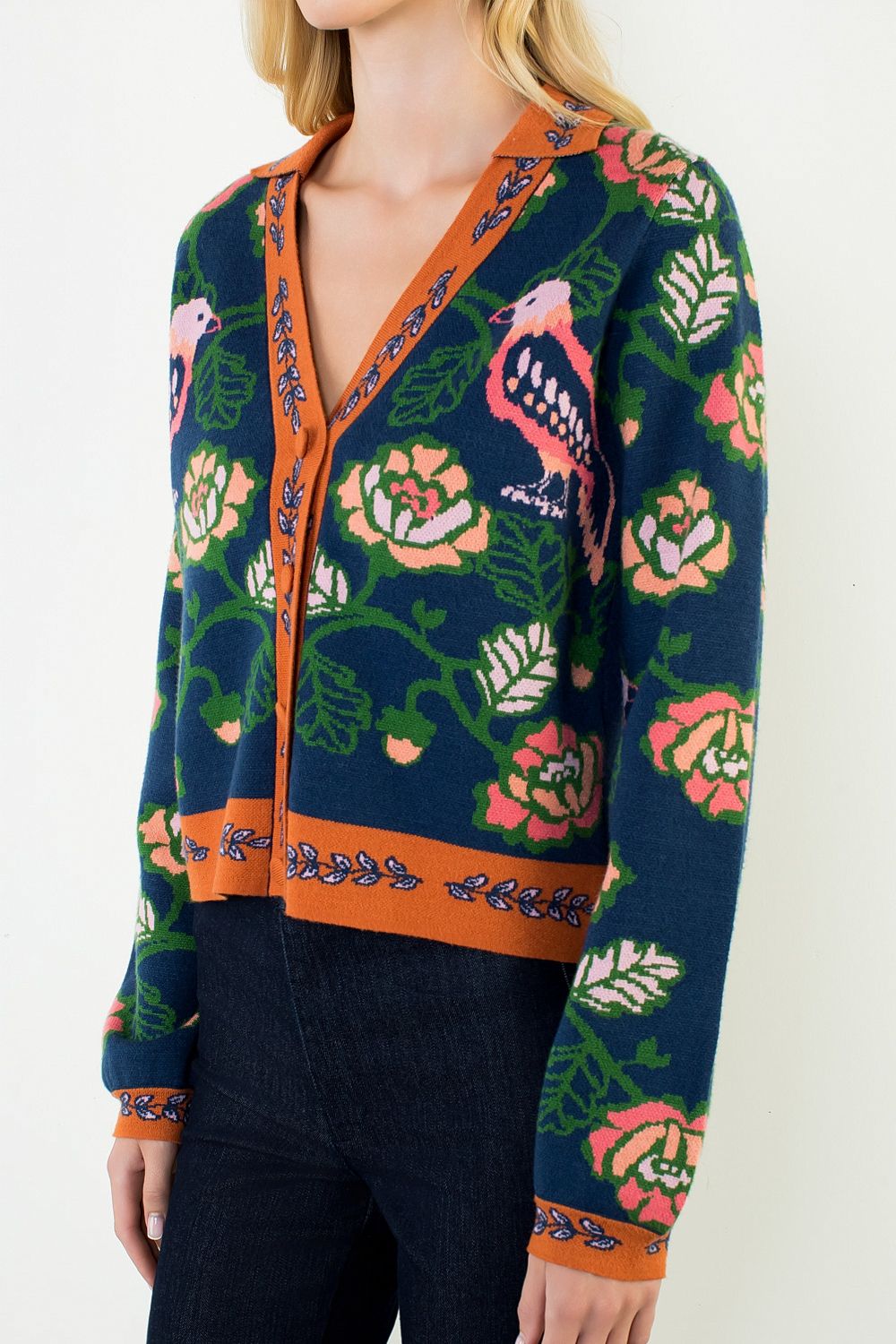 Parrot Long Sleeve Cardigan Sweater - Navy
