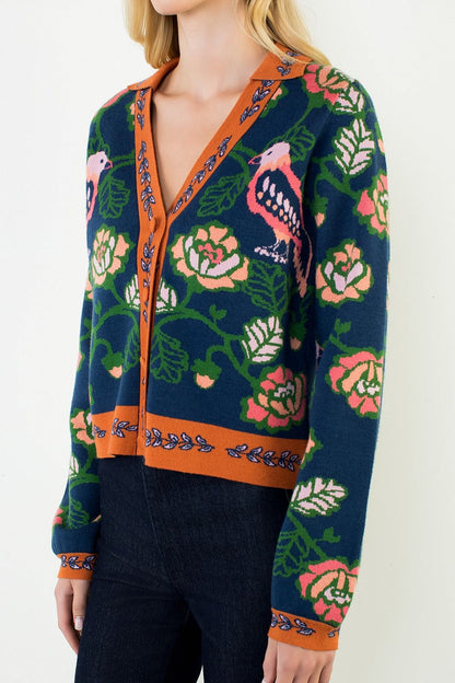 Parrot Long Sleeve Cardigan Sweater - Navy