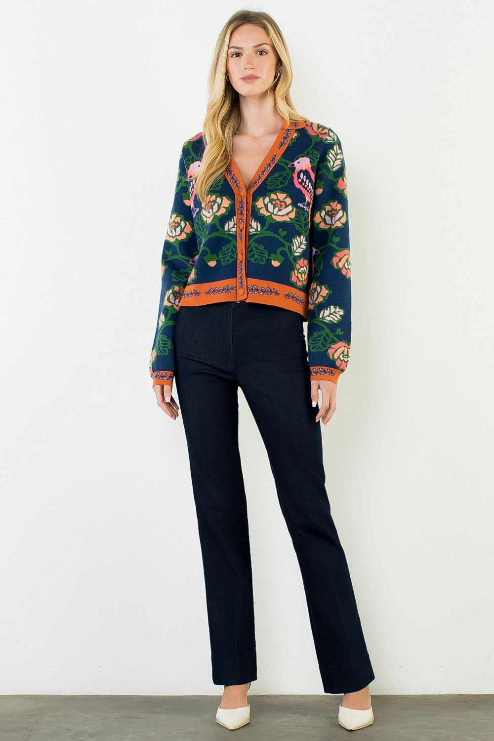 Parrot Long Sleeve Cardigan Sweater - Navy
