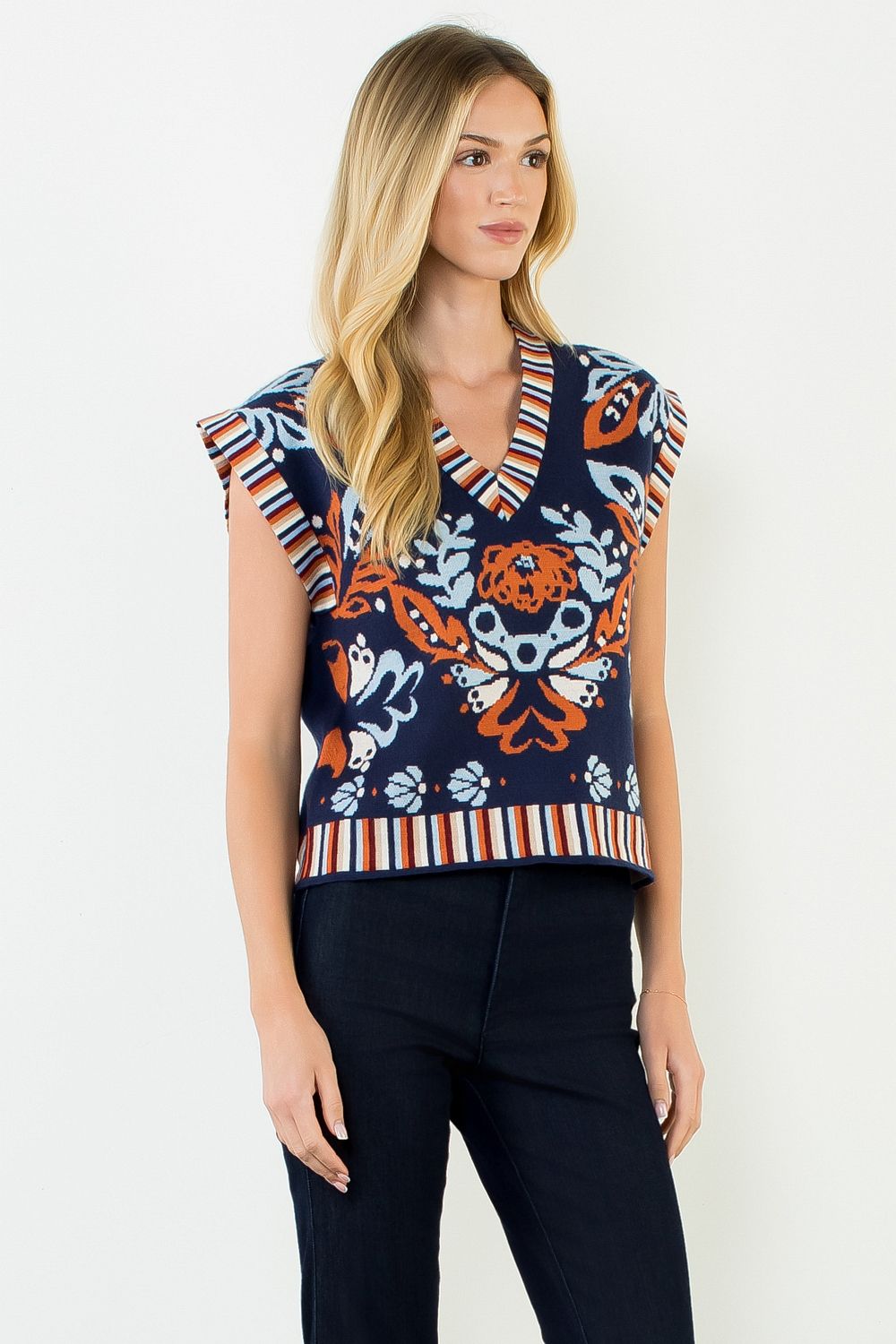 Flower Print with Stripe Detail Vest Top - Navy