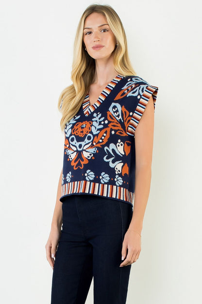 Flower Print with Stripe Detail Vest Top - Navy