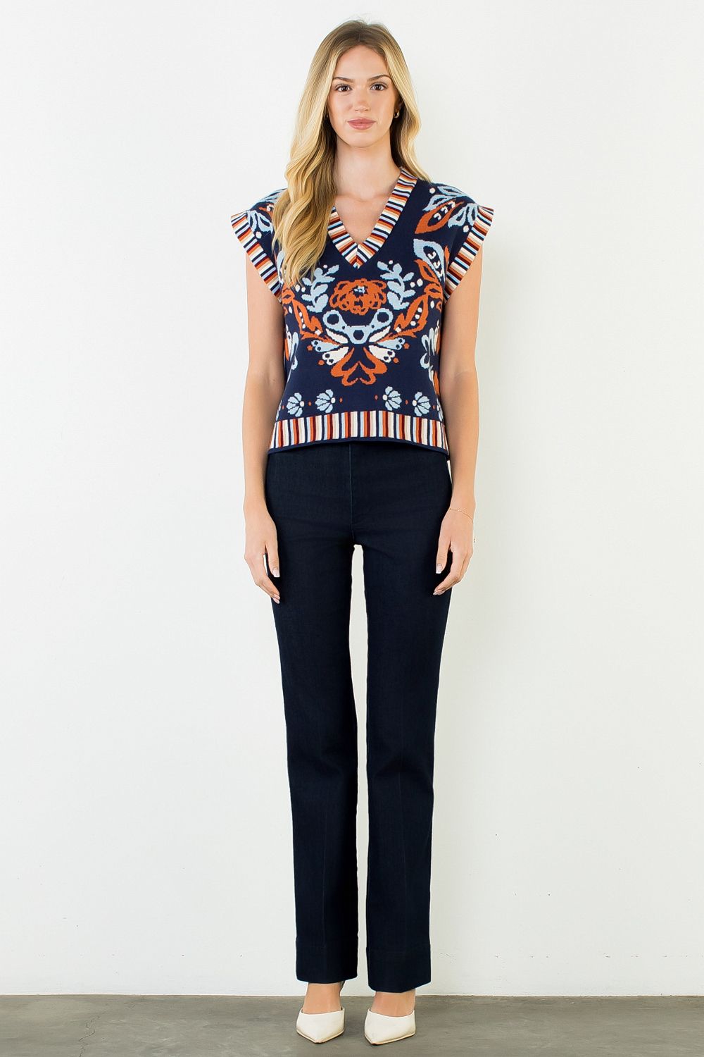 Flower Print with Stripe Detail Vest Top - Navy
