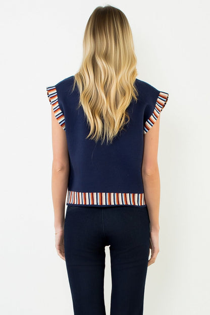 Flower Print with Stripe Detail Vest Top - Navy