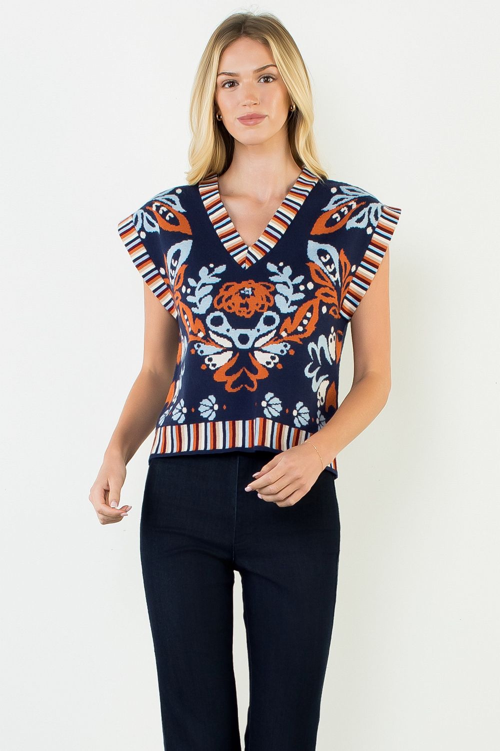 Flower Print with Stripe Detail Vest Top - Navy