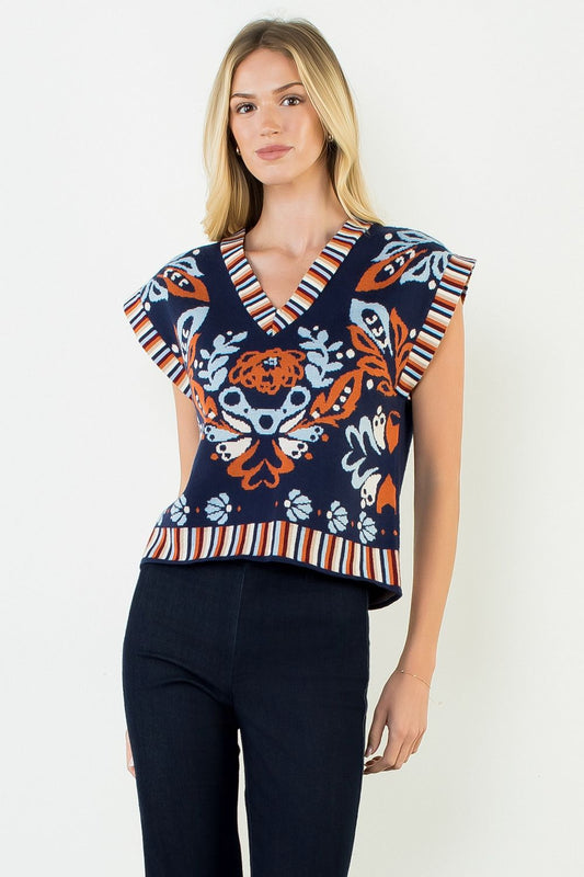 Flower Print with Stripe Detail Vest Top - Navy
