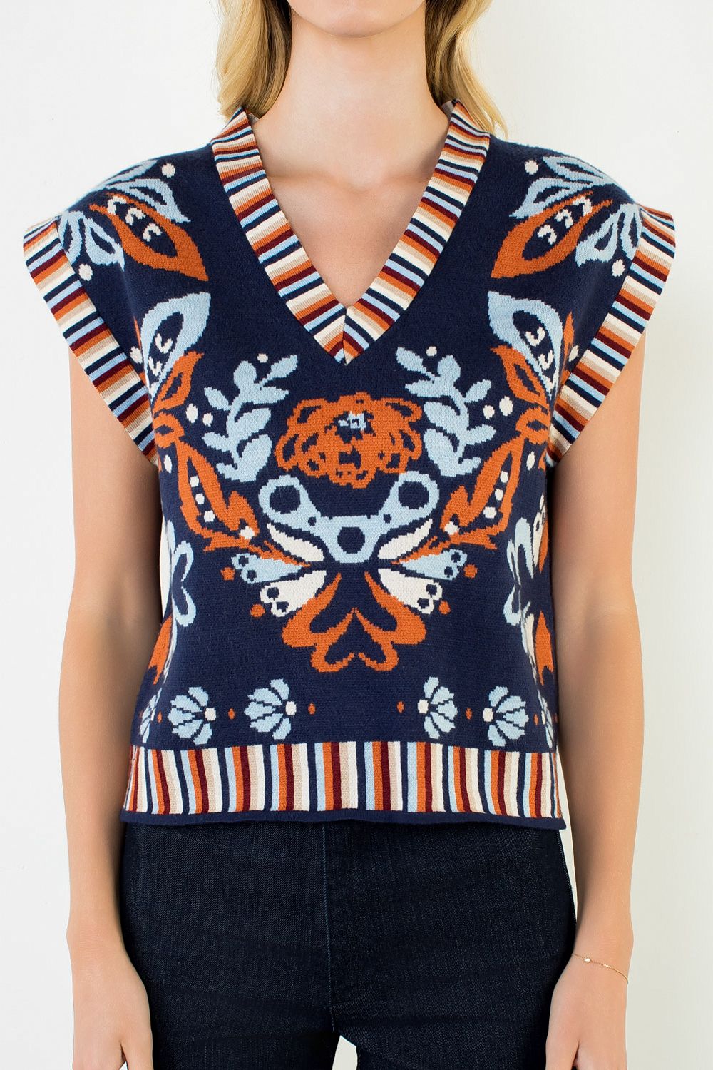 Flower Print with Stripe Detail Vest Top - Navy