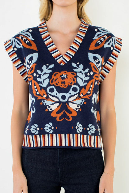 Flower Print with Stripe Detail Vest Top - Navy